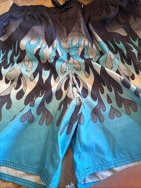 Men's Aqua Flame Print Swim Trunks with Elastic Waist